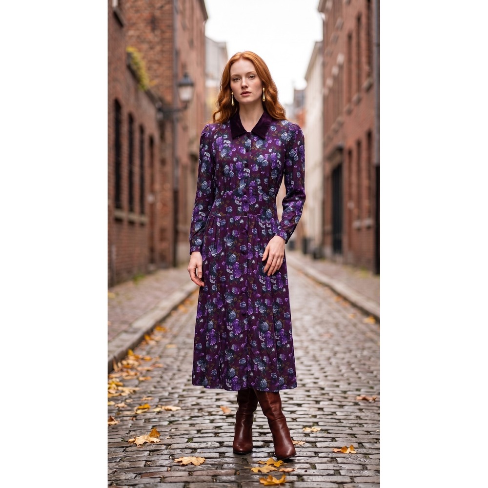 VTG Purple Floral Dress Velvet Collar & Buttons Dark Fairy 90s Cottage Sz.10